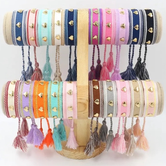 NEW| Heart Print Embroidered Boho Woven Tassel Bracelet - Picture 2 of 2